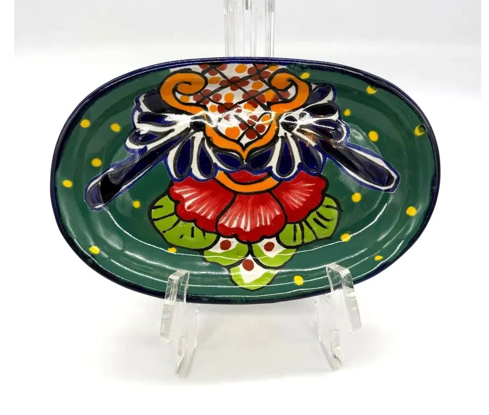 Talavera Style Mexican Pottery Shallow Dipping Serving Oval Bowl 7.25 x 4.5